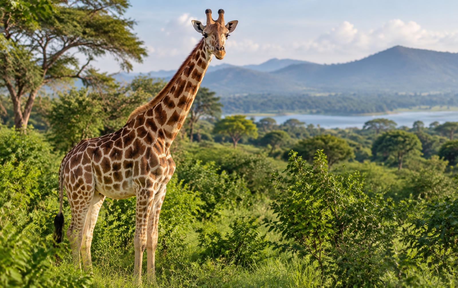 Twiga katika mazingira ya kijani ya hifadhi ya wanyama Uganda